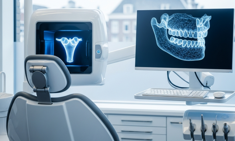Een fotorealistische weergave van een hypermoderne tandartspraktijk in Nederland, met een schone tandartsstoel, een 3D-scanner en een computerscherm met een abstract 3D-model van een gebit, alles in een steriele omgeving met zachte belichting. Op de wazige achtergrond is subtiel Nederlandse architectuur zichtbaar.