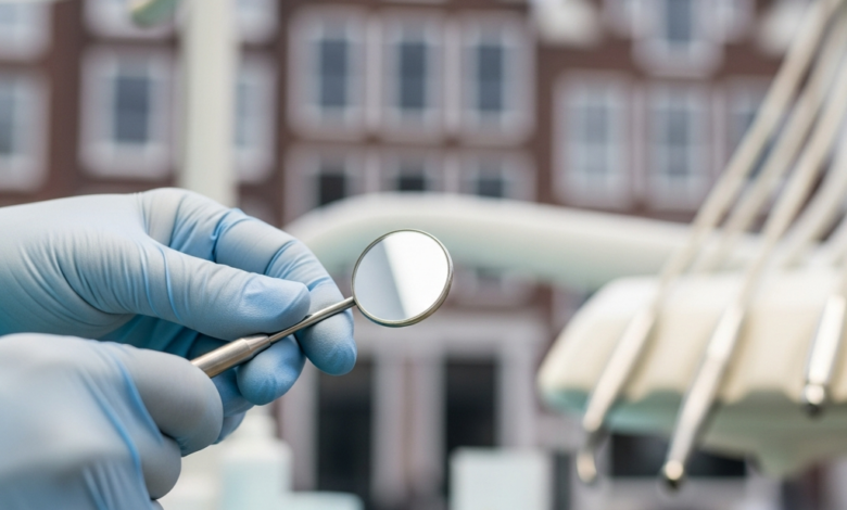 Een close-up van steriele handschoenen van een tandarts of kaakchirurg die een klein, reflecterend tandheelkundig instrument vasthouden. De setting is een zeer schone, modern verlichte tandartspraktijk. De achtergrond is extreem onscherp en toont de daken en gebouwen langs een typisch Nederlands grachtenpand, wat de locatie in Nederland aangeeft. De scène is helder en focust op professionele zorg.