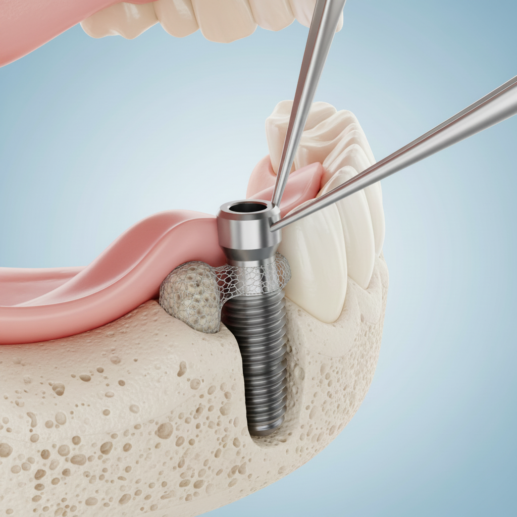 Chirurgische plaatsing van titanium tandimplantaat Tandimplantaten Kosten: Een realistisch beeld van de chirurgische plaatsing in het kaakbot en de genezing.