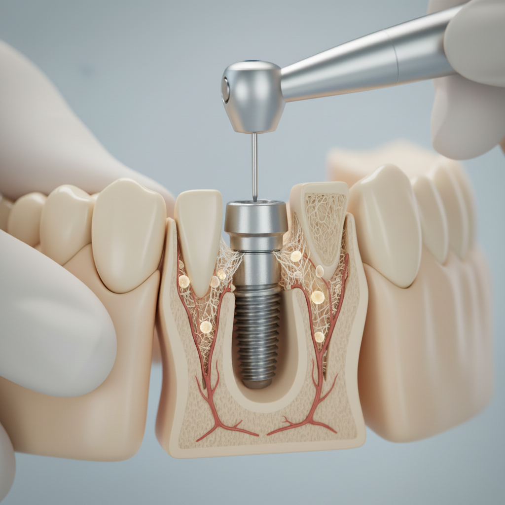 Tandimplantaat integratie in het kaakbot Tandimplantaten Kosten: Inzicht in de chirurgische plaatsing van een titanium implantaat in het kaakbot.
