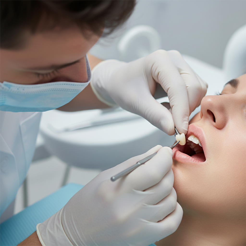 Tandheelkundige procedure: zirkonium kroon plaatsing Zirkonium Kronen Kosten begrijpen: een moderne tandarts plaatst zorgvuldig een zirkonium kroon.