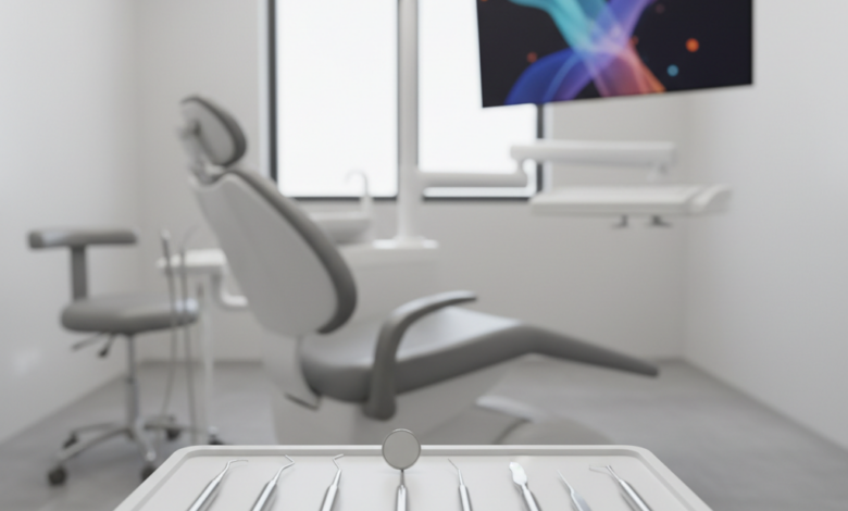Gedetailleerd beeld van een schone, moderne tandartspraktijk met glanzende metalen instrumenten op een tray en een onscherpe achtergrond van een tandartsstoel en abstracte grafieken op een scherm, wat inzicht in tandartskosten in Nederland suggereert.