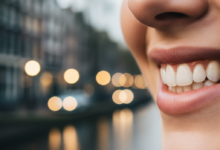 Close-up van een gezonde, stralende glimlach met helderwitte tanden, tegen een extreem onscherpe achtergrond die een typische Nederlandse stad toont met grachten en architectuur.