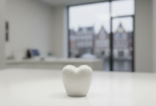 Een haarscherpe close-up van een glimmende, witte, levensechte tandkroon, strategisch geplaatst op een strak, steriel wit oppervlak. De achtergrond is zachtjes onscherp en toont een moderne, lichte tandartspraktijk, met een onduidelijke glimp van een stad buiten, wat een gevoel van professionaliteit en locatie geeft.