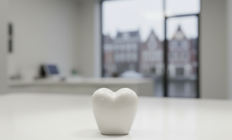 Een haarscherpe close-up van een glimmende, witte, levensechte tandkroon, strategisch geplaatst op een strak, steriel wit oppervlak. De achtergrond is zachtjes onscherp en toont een moderne, lichte tandartspraktijk, met een onduidelijke glimp van een stad buiten, wat een gevoel van professionaliteit en locatie geeft.