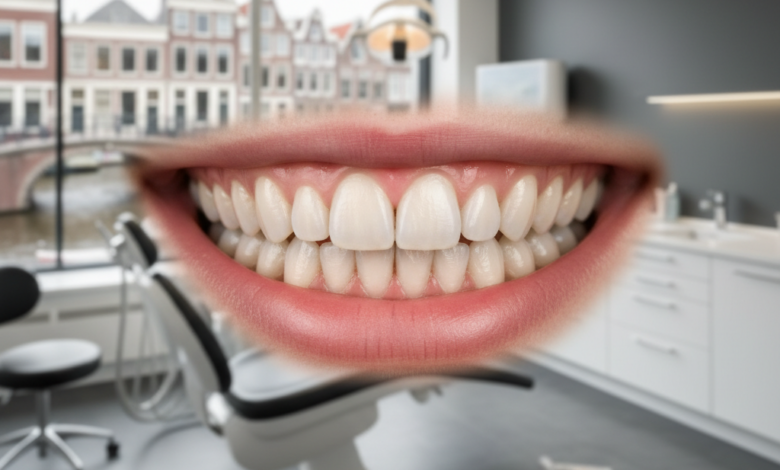 Close-up van een perfecte, natuurlijke glimlach met gezonde tanden en tandvlees, tegen een zacht vervaagde achtergrond van een moderne tandartspraktijk met een hint van een Nederlands stadsgezicht.