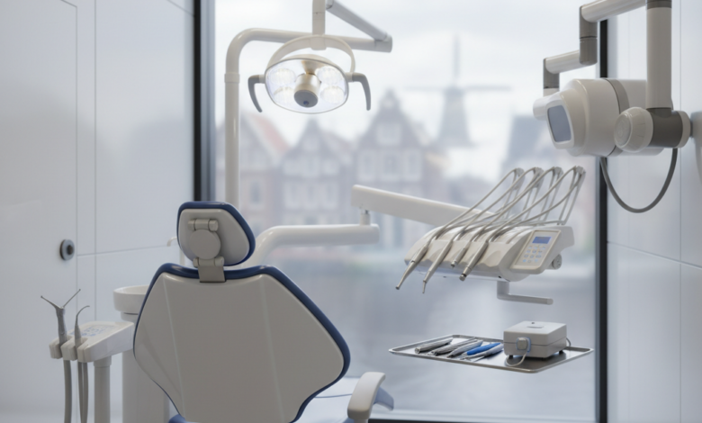 Een heldere, photorealistische weergave van een moderne tandartspraktijk in Nederland, met een ergonomische tandartsstoel en geavanceerde medische apparatuur op de voorgrond. Op de sterk vervaagde achtergrond, door een raam, zijn typisch Nederlandse grachtenpanden te zien. De afbeelding ademt een sfeer van hoge kwaliteit, technologie en professionaliteit, met scherpe details en zachte bokeh-effecten.