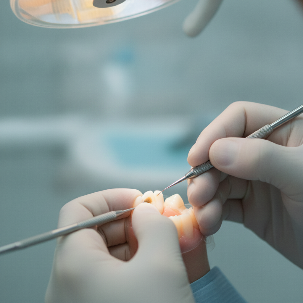Tandarts vormt composiet voor esthetiek Composite Bonding Nederland: Een ervaren tandarts werkt nauwkeurig aan het vormen van composietmateriaal op een tand.