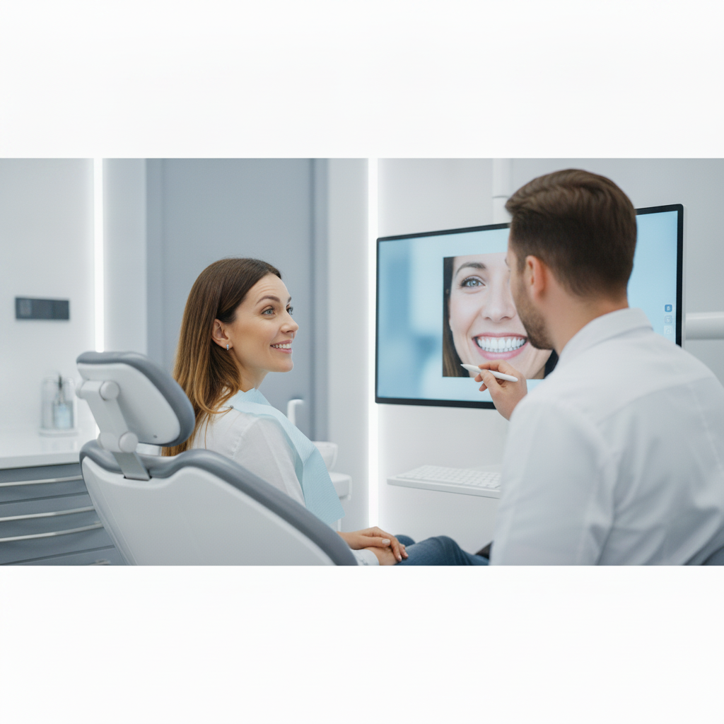 Glimlachontwerp digitaliseren voor esthetische verbetering. Smile Makeover Nederland: Patiënt visualiseert de transformatie van hun glimlach met behulp van digitaal ontwerp.