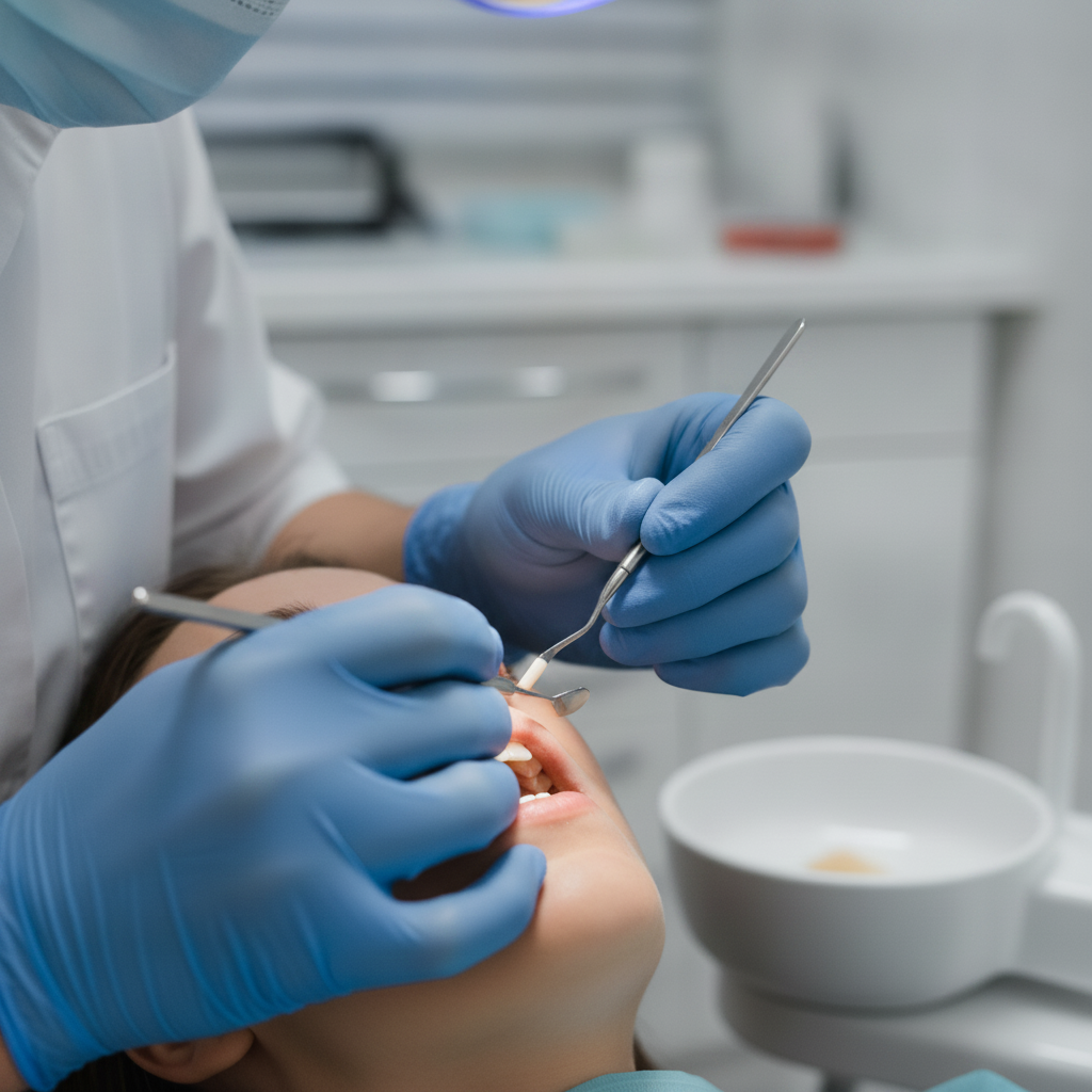 Composiet aanbrengen op tand door tandarts Composite Bonding Nederland: Tandarts modelleert zorgvuldig composiethars voor esthetische tandcorrectie bij patiënt