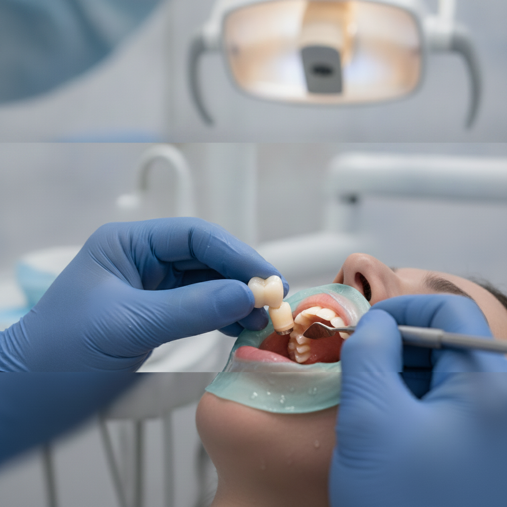 Tandkronen Nederland: Tandarts plaatst zorgvuldig een kroon, herstellend tanden voor optimale mondgezondheid en esthetiek.