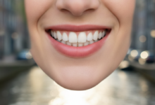 Close-up van een mond met perfecte, natuurlijk ogende tanden in een stralende glimlach, met een onscherpe Nederlandse gracht op de achtergrond.