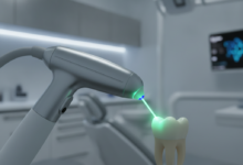 Een close-up van een modern tandheelkundig laserapparaat dat een intense lichtstraal richt op een tandmodel, met een wazige achtergrond van een schone, high-tech tandartspraktijk.