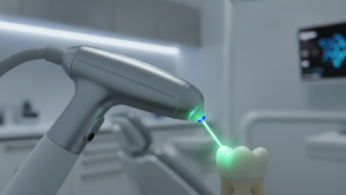 Een close-up van een modern tandheelkundig laserapparaat dat een intense lichtstraal richt op een tandmodel, met een wazige achtergrond van een schone, high-tech tandartspraktijk.