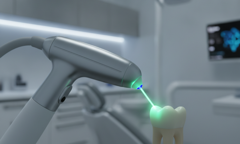 Een close-up van een modern tandheelkundig laserapparaat dat een intense lichtstraal richt op een tandmodel, met een wazige achtergrond van een schone, high-tech tandartspraktijk.