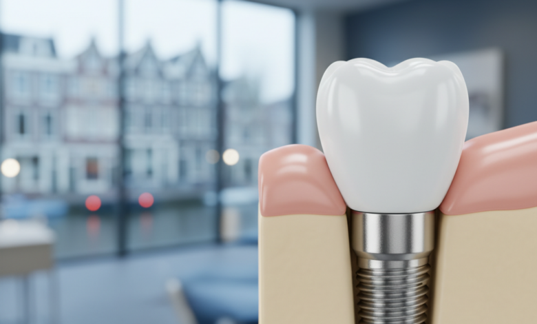 Een gedetailleerde, fotorealistische weergave van een gezonde kies met een subtiel zichtbaar, stevig geïntegreerd titanium tandimplantaat in het kaakbot en tandvlees. De scène is geplaatst in een moderne, schone tandartspraktijk met een onscherp uitzicht op hedendaagse Nederlandse architectuur op de achtergrond. Geen tekst of symbolen zichtbaar.