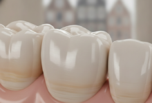 Close-up van een perfect geplaatste, natuurlijke ogende tandkroon op een gezonde tand, met een zachte focus op de superieure afwerking en esthetiek. De achtergrond is onscherp en licht, met een vage suggestie van moderne architectuur die een Nederlandse omgeving oproept.