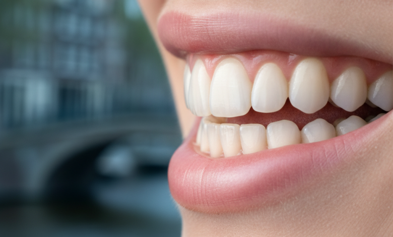 Close-up van een gezond gebit met roze tandvlees en witte tanden, tegen een zeer vervaagde achtergrond van een Nederlandse stad. De focus ligt op optimale mondgezondheid na een tandvleesbehandeling.