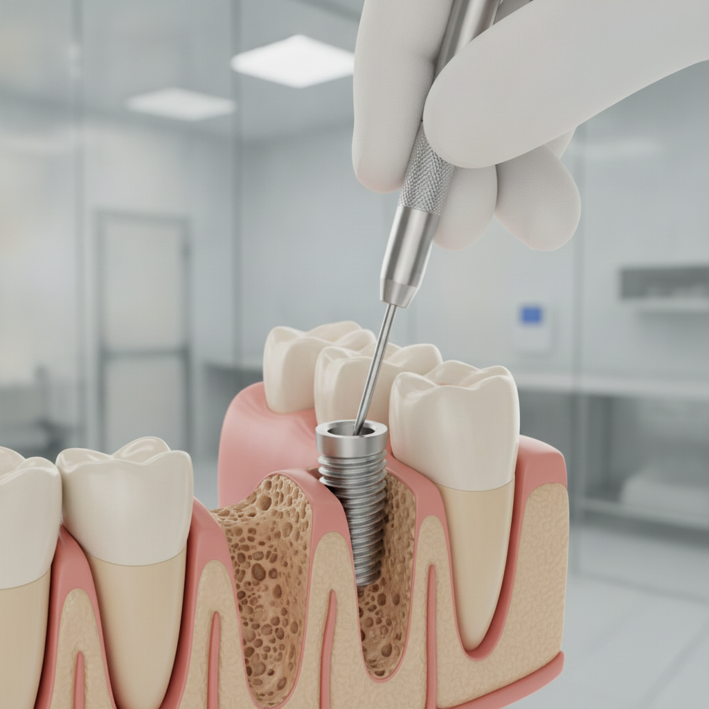 Directe plaatsing tandimplantaat in kaak Directe Implantaten Nederland: Het tandimplantaat wordt direct na tandextractie in kaakbot geplaatst voor snellere behandeling.
