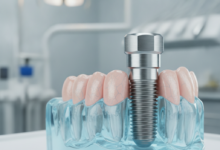 Een ultra-gedetailleerde close-up van een glanzend tandimplantaat, ingebed in een doorzichtig kaakbotmodel, met zacht tandvlees eromheen. De achtergrond is een wazige, steriele klinische omgeving met moderne apparatuur.