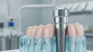 Een ultra-gedetailleerde close-up van een glanzend tandimplantaat, ingebed in een doorzichtig kaakbotmodel, met zacht tandvlees eromheen. De achtergrond is een wazige, steriele klinische omgeving met moderne apparatuur.
