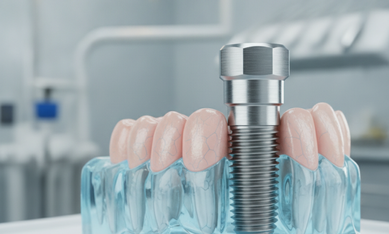 Een ultra-gedetailleerde close-up van een glanzend tandimplantaat, ingebed in een doorzichtig kaakbotmodel, met zacht tandvlees eromheen. De achtergrond is een wazige, steriele klinische omgeving met moderne apparatuur.