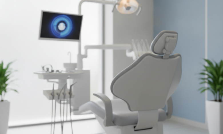 Een fotorealistische afbeelding van een schone, moderne tandartspraktijk met een comfortabele, lege tandartsstoel in het midden. Op de wazige achtergrond zijn subtiel hightech tandheelkundige apparatuur en een scherm met abstracte, tekstloze beelden te zien. De belichting is zacht en gecontroleerd, wat een kalme en geruststellende sfeer creëert. Er is geen tekst of branding zichtbaar.