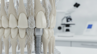 Close-up van een titanium tandimplantaat schroef die ingebed is in een doorsnede van een menselijk kaakbotmodel. De gedetailleerde botstructuur toont tekenen van botintegratie rond het implantaat. De achtergrond is onscherp, suggererend een klinische of laboratoriumomgeving.