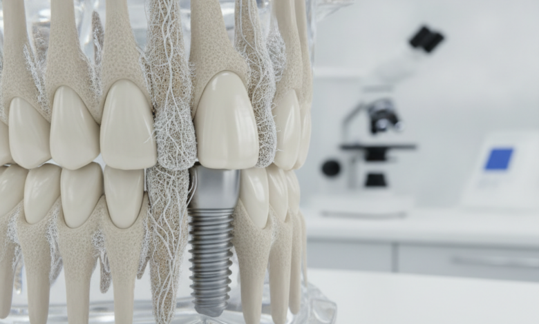 Close-up van een titanium tandimplantaat schroef die ingebed is in een doorsnede van een menselijk kaakbotmodel. De gedetailleerde botstructuur toont tekenen van botintegratie rond het implantaat. De achtergrond is onscherp, suggererend een klinische of laboratoriumomgeving.