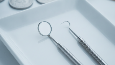 Een close-up van glanzende tandartsinstrumenten (spiegel, sonde, scaler) op een witte, reflecterende ondergrond, met op de achtergrond onscherpe financiële documenten en geld die de kosten en verzekeringsaspecten van tandzorg symboliseren.