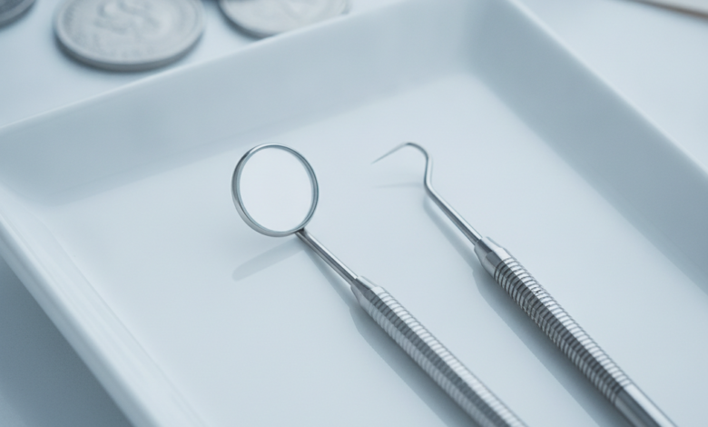 Een close-up van glanzende tandartsinstrumenten (spiegel, sonde, scaler) op een witte, reflecterende ondergrond, met op de achtergrond onscherpe financiële documenten en geld die de kosten en verzekeringsaspecten van tandzorg symboliseren.