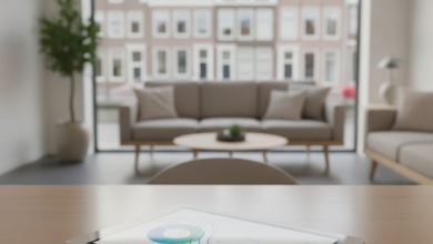 Een moderne tandartspraktijk met een digitaal scherm dat abstracte financiële grafieken zonder tekst toont, op de achtergrond een vervaagd stadsgezicht van Nederland. De scene is schoon, professioneel en goed verlicht.