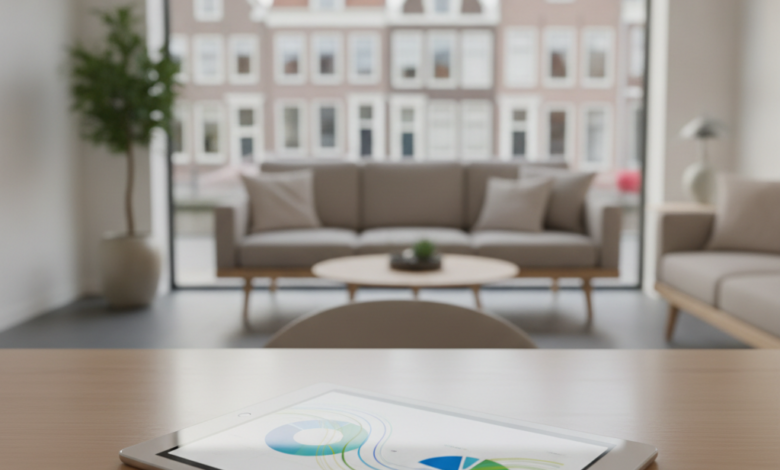 Een moderne tandartspraktijk met een digitaal scherm dat abstracte financiële grafieken zonder tekst toont, op de achtergrond een vervaagd stadsgezicht van Nederland. De scene is schoon, professioneel en goed verlicht.