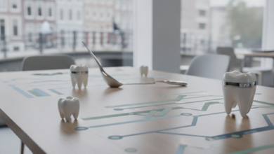 Een conceptuele afbeelding van financiële planning voor tandzorg, met abstracte elementen die verzekeringen en mondgezondheid symboliseren. Te zien zijn gestileerde financiële grafieken en minimalistische, glimmende vormen die gezonde tanden voorstellen, op een moderne bureauachtergrond met een onscherpe Nederlandse stadsskyline.