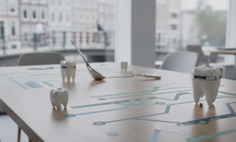 Een conceptuele afbeelding van financiële planning voor tandzorg, met abstracte elementen die verzekeringen en mondgezondheid symboliseren. Te zien zijn gestileerde financiële grafieken en minimalistische, glimmende vormen die gezonde tanden voorstellen, op een moderne bureauachtergrond met een onscherpe Nederlandse stadsskyline.