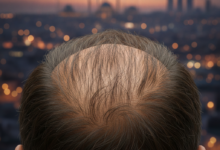Close-up van een gezonde hoofdhuid met natuurlijk groeiende haarzakjes, met een onscherpe, moderne stadsskyline op de achtergrond. De afbeelding symboliseert haartransplantatie als een zelfbetaalde medische ingreep en de context van medisch toerisme, gericht op persoonlijke investering en welzijn.