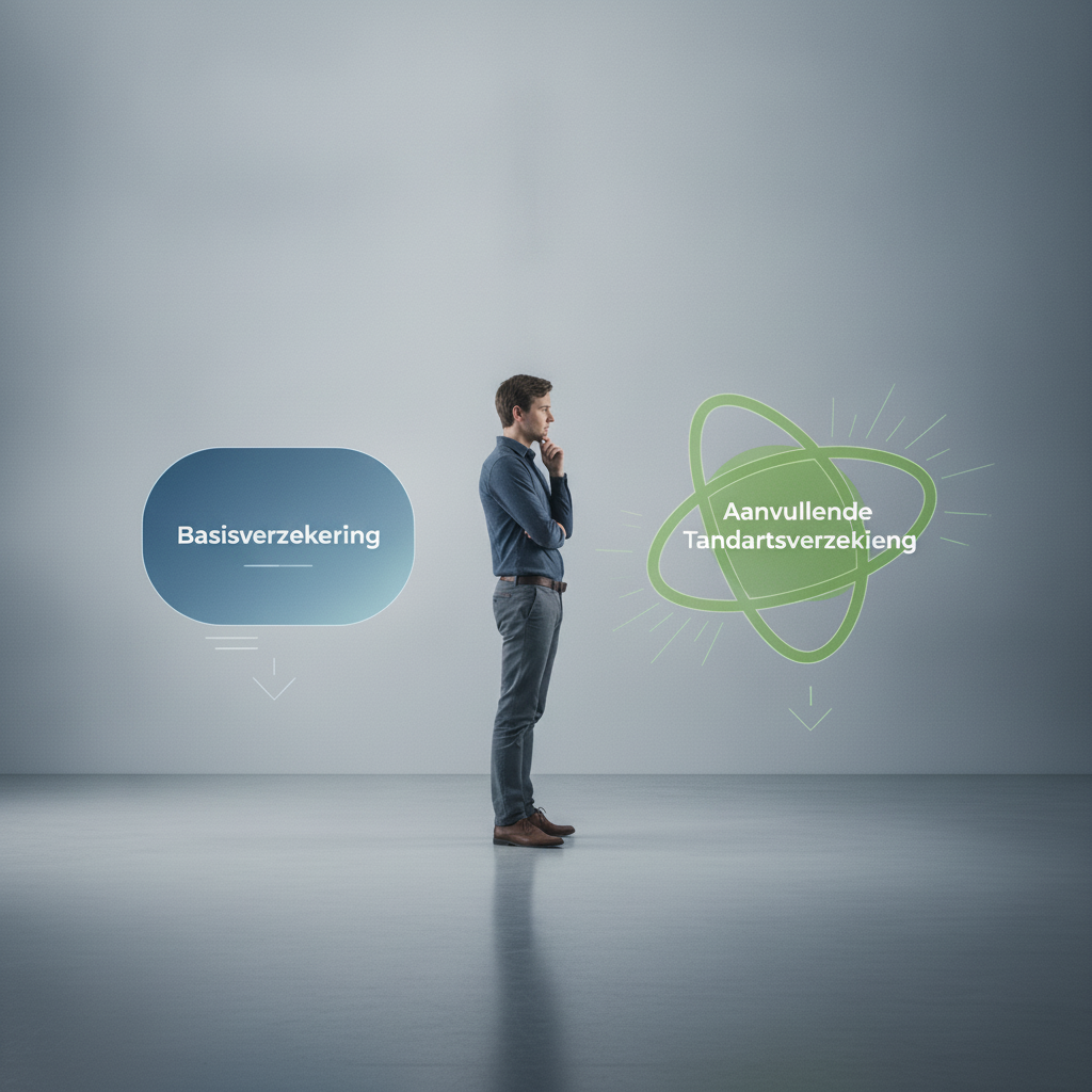 Afweging tandartsverzekering kosten en dekking Basis vs Aanvullende Verzekering Tandarts: Een persoon maakt een weloverwogen keuze tussen dekkingsopties en financiële kosten.