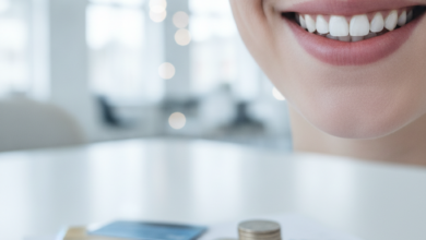 Een close-up van een persoon met een gezonde, zelfverzekerde glimlach. In de onscherpe voorgrond liggen abstracte financiële objecten, waaronder bankpasjes en munten zonder zichtbare tekst, symboliserend de kosten en financieringsopties voor tandzorg. De omgeving is licht en modern.
