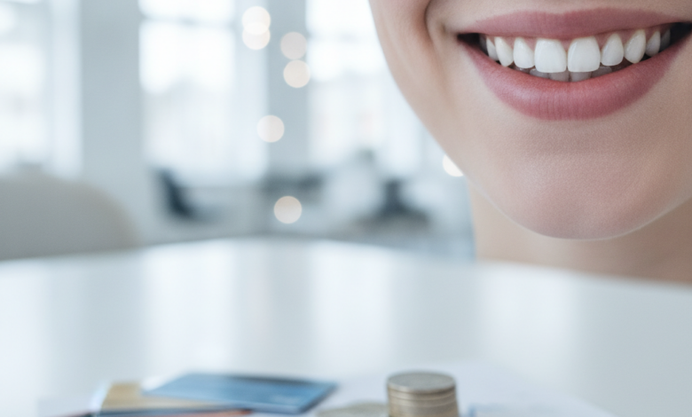 Een close-up van een persoon met een gezonde, zelfverzekerde glimlach. In de onscherpe voorgrond liggen abstracte financiële objecten, waaronder bankpasjes en munten zonder zichtbare tekst, symboliserend de kosten en financieringsopties voor tandzorg. De omgeving is licht en modern.